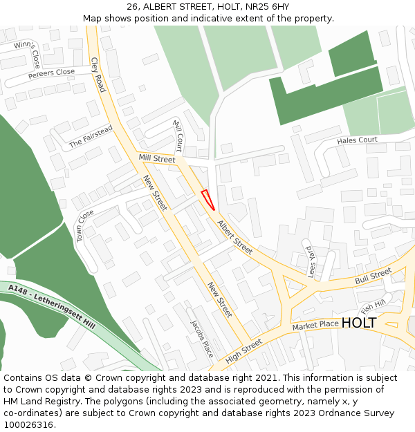 26, ALBERT STREET, HOLT, NR25 6HY: Location map and indicative extent of plot