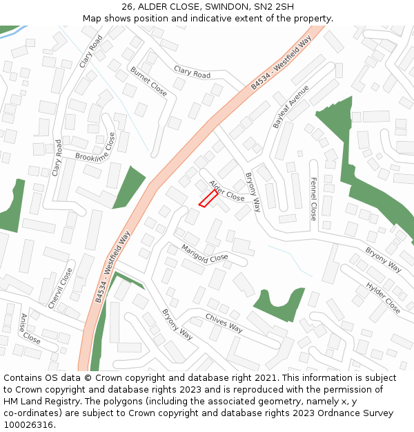 26, ALDER CLOSE, SWINDON, SN2 2SH: Location map and indicative extent of plot