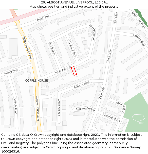 26, ALSCOT AVENUE, LIVERPOOL, L10 0AL: Location map and indicative extent of plot