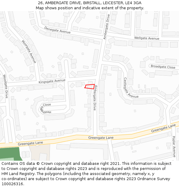 26, AMBERGATE DRIVE, BIRSTALL, LEICESTER, LE4 3GA: Location map and indicative extent of plot