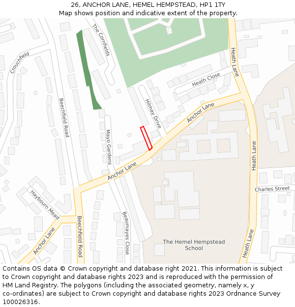 26, ANCHOR LANE, HEMEL HEMPSTEAD, HP1 1TY: Location map and indicative extent of plot