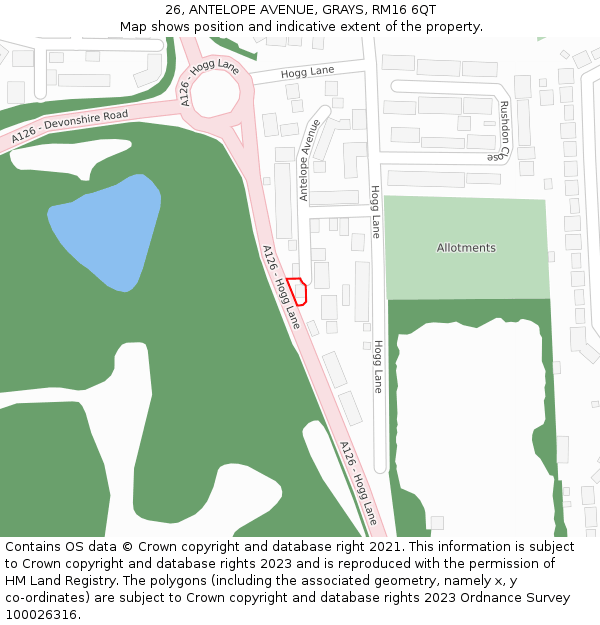 26, ANTELOPE AVENUE, GRAYS, RM16 6QT: Location map and indicative extent of plot