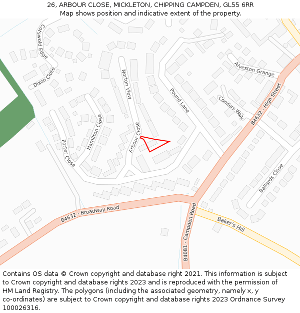 26, ARBOUR CLOSE, MICKLETON, CHIPPING CAMPDEN, GL55 6RR: Location map and indicative extent of plot