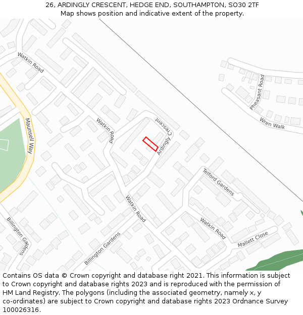 26, ARDINGLY CRESCENT, HEDGE END, SOUTHAMPTON, SO30 2TF: Location map and indicative extent of plot