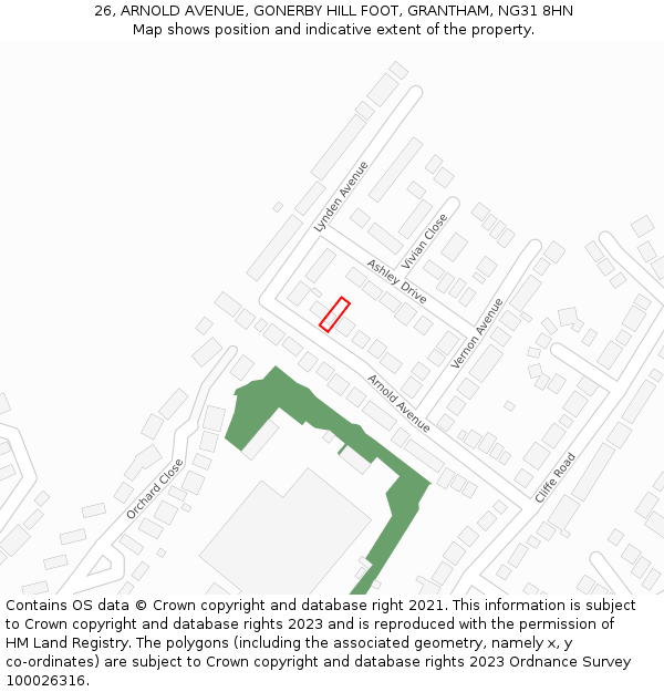 26, ARNOLD AVENUE, GONERBY HILL FOOT, GRANTHAM, NG31 8HN: Location map and indicative extent of plot