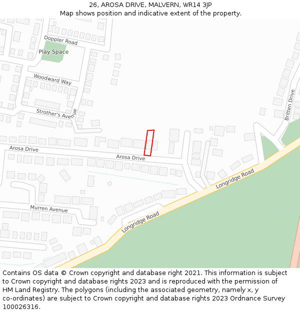 26, AROSA DRIVE, MALVERN, WR14 3JP: Location map and indicative extent of plot