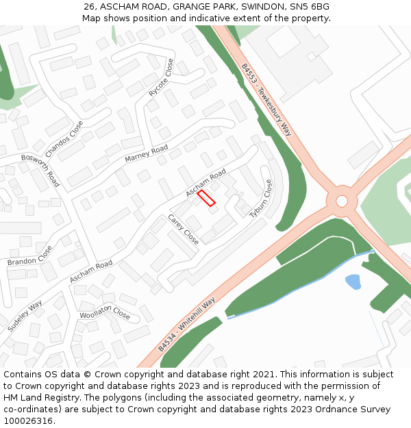 26, ASCHAM ROAD, GRANGE PARK, SWINDON, SN5 6BG: Location map and indicative extent of plot