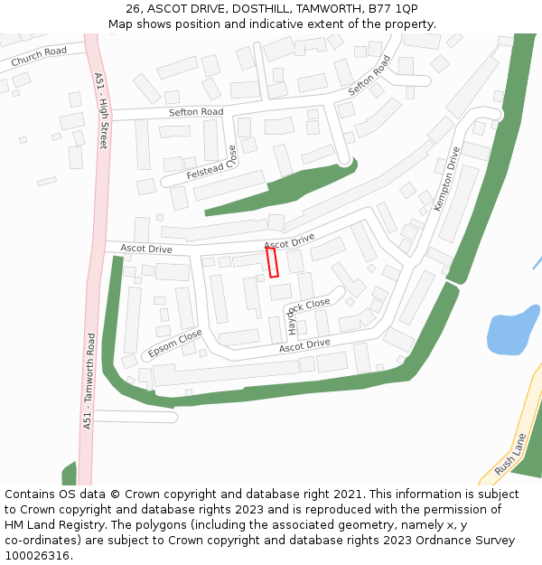 26, ASCOT DRIVE, DOSTHILL, TAMWORTH, B77 1QP: Location map and indicative extent of plot