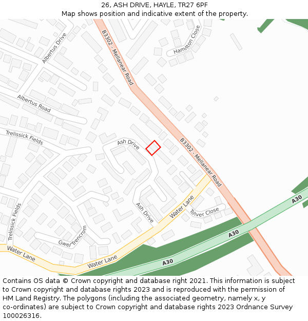 26, ASH DRIVE, HAYLE, TR27 6PF: Location map and indicative extent of plot