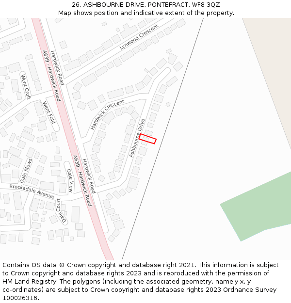 26, ASHBOURNE DRIVE, PONTEFRACT, WF8 3QZ: Location map and indicative extent of plot