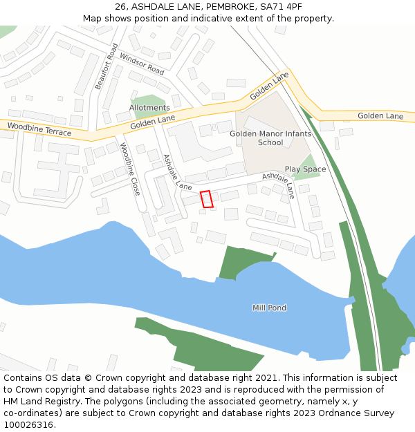 26, ASHDALE LANE, PEMBROKE, SA71 4PF: Location map and indicative extent of plot