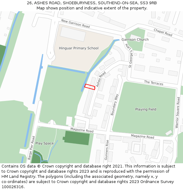 26, ASHES ROAD, SHOEBURYNESS, SOUTHEND-ON-SEA, SS3 9RB: Location map and indicative extent of plot