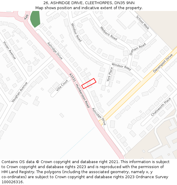 26, ASHRIDGE DRIVE, CLEETHORPES, DN35 9NN: Location map and indicative extent of plot