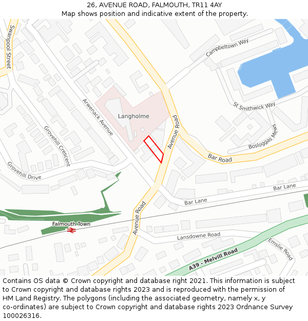 26, AVENUE ROAD, FALMOUTH, TR11 4AY: Location map and indicative extent of plot