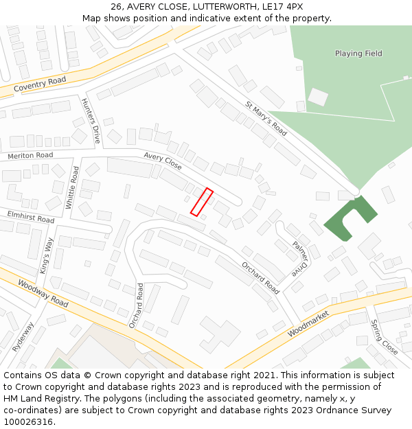 26, AVERY CLOSE, LUTTERWORTH, LE17 4PX: Location map and indicative extent of plot