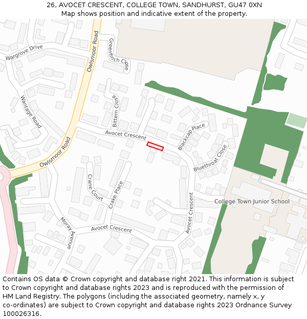 26, AVOCET CRESCENT, COLLEGE TOWN, SANDHURST, GU47 0XN: Location map and indicative extent of plot