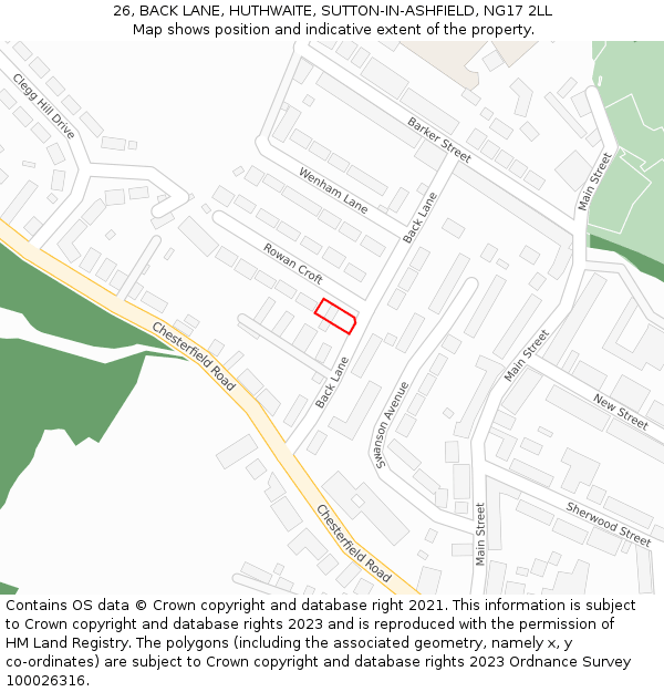 26, BACK LANE, HUTHWAITE, SUTTON-IN-ASHFIELD, NG17 2LL: Location map and indicative extent of plot