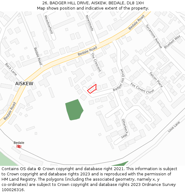 26, BADGER HILL DRIVE, AISKEW, BEDALE, DL8 1XH: Location map and indicative extent of plot