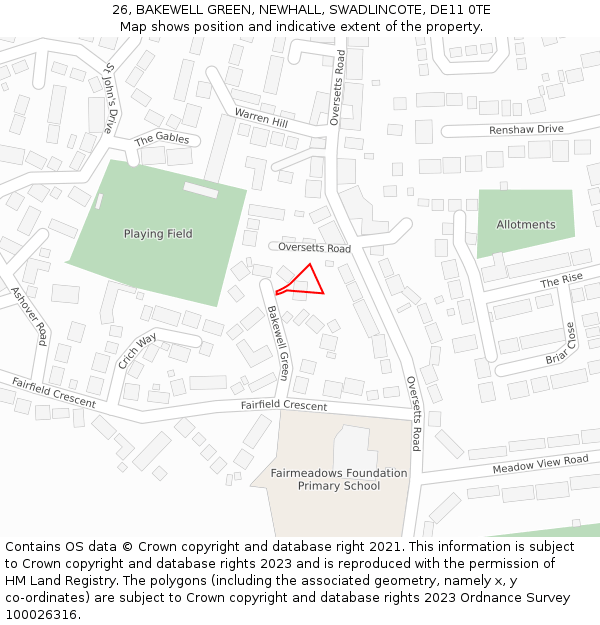 26, BAKEWELL GREEN, NEWHALL, SWADLINCOTE, DE11 0TE: Location map and indicative extent of plot