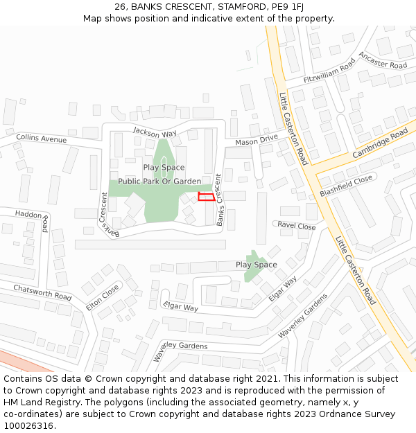 26, BANKS CRESCENT, STAMFORD, PE9 1FJ: Location map and indicative extent of plot