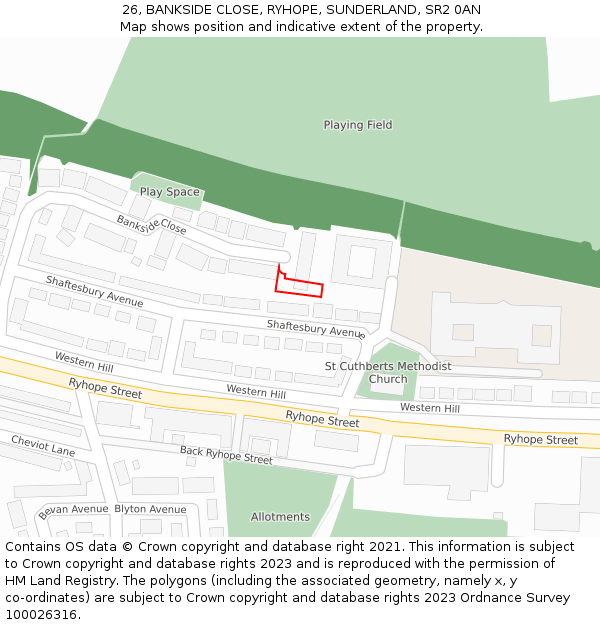 26, BANKSIDE CLOSE, RYHOPE, SUNDERLAND, SR2 0AN: Location map and indicative extent of plot