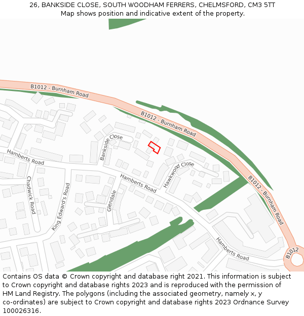 26, BANKSIDE CLOSE, SOUTH WOODHAM FERRERS, CHELMSFORD, CM3 5TT: Location map and indicative extent of plot