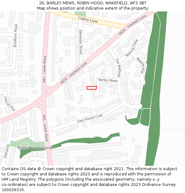 26, BARLEY MEWS, ROBIN HOOD, WAKEFIELD, WF3 3BT: Location map and indicative extent of plot