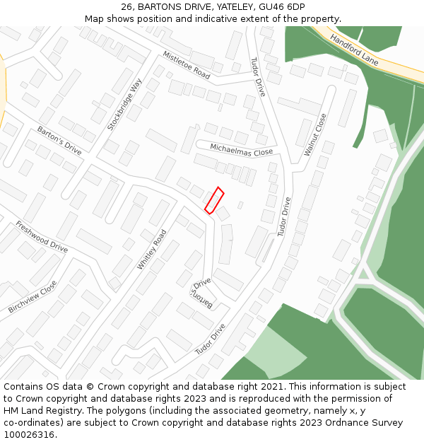 26, BARTONS DRIVE, YATELEY, GU46 6DP: Location map and indicative extent of plot