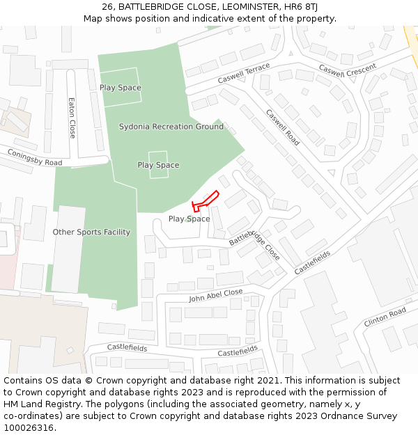 26, BATTLEBRIDGE CLOSE, LEOMINSTER, HR6 8TJ: Location map and indicative extent of plot