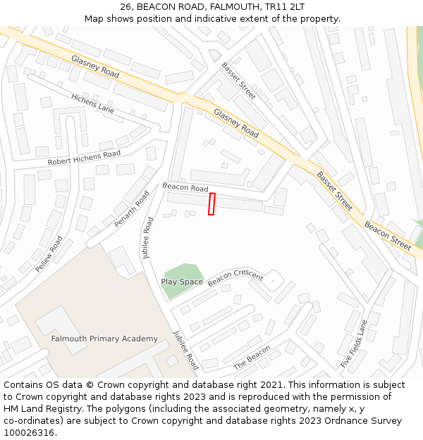 26, BEACON ROAD, FALMOUTH, TR11 2LT: Location map and indicative extent of plot