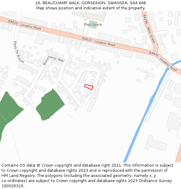 26, BEAUCHAMP WALK, GORSEINON, SWANSEA, SA4 6AE: Location map and indicative extent of plot