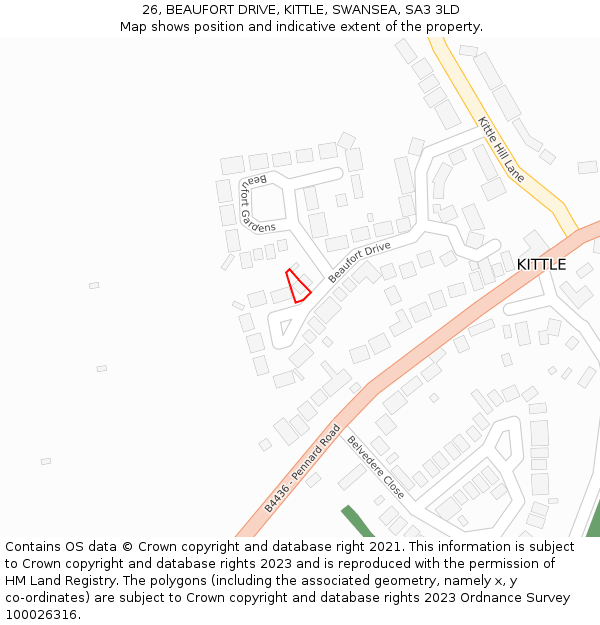 26, BEAUFORT DRIVE, KITTLE, SWANSEA, SA3 3LD: Location map and indicative extent of plot