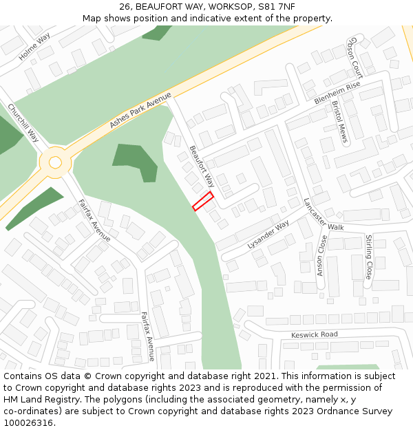 26, BEAUFORT WAY, WORKSOP, S81 7NF: Location map and indicative extent of plot