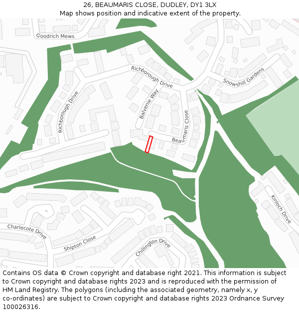 26, BEAUMARIS CLOSE, DUDLEY, DY1 3LX: Location map and indicative extent of plot