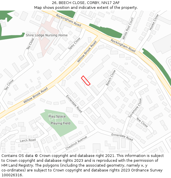 26, BEECH CLOSE, CORBY, NN17 2AF: Location map and indicative extent of plot
