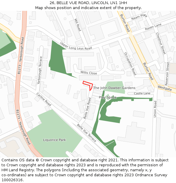 26, BELLE VUE ROAD, LINCOLN, LN1 1HH: Location map and indicative extent of plot