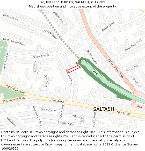 26, BELLE VUE ROAD, SALTASH, PL12 6ES: Location map and indicative extent of plot