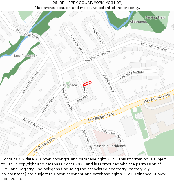 26, BELLERBY COURT, YORK, YO31 0PJ: Location map and indicative extent of plot
