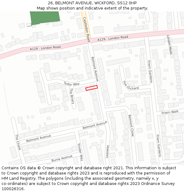 26, BELMONT AVENUE, WICKFORD, SS12 0HP: Location map and indicative extent of plot