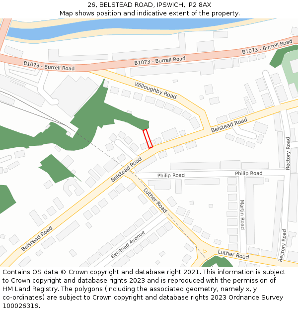 26, BELSTEAD ROAD, IPSWICH, IP2 8AX: Location map and indicative extent of plot