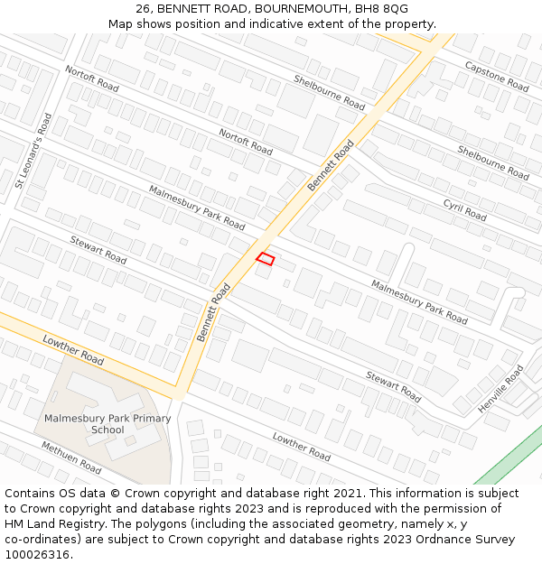 26, BENNETT ROAD, BOURNEMOUTH, BH8 8QG: Location map and indicative extent of plot