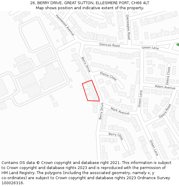 26, BERRY DRIVE, GREAT SUTTON, ELLESMERE PORT, CH66 4LT: Location map and indicative extent of plot