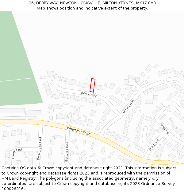 26, BERRY WAY, NEWTON LONGVILLE, MILTON KEYNES, MK17 0AR: Location map and indicative extent of plot