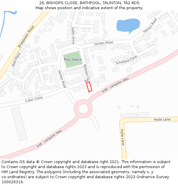 26, BISHOPS CLOSE, BATHPOOL, TAUNTON, TA2 8DS: Location map and indicative extent of plot