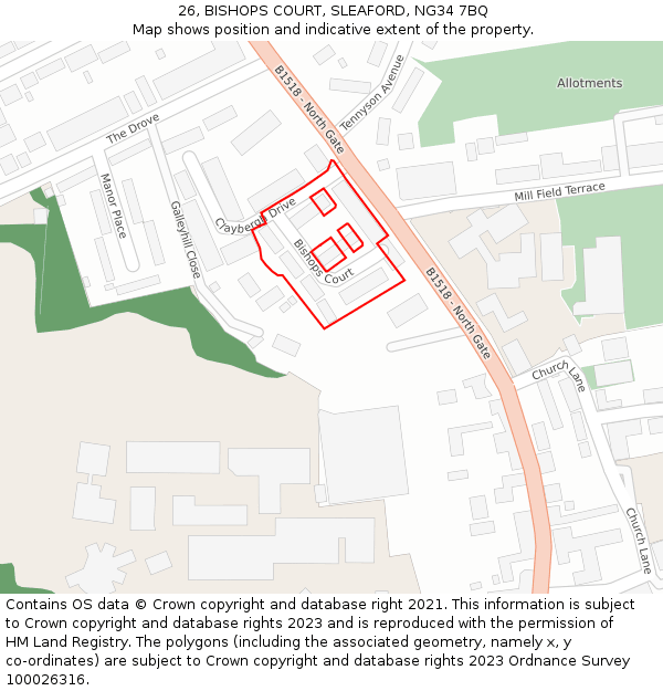 26, BISHOPS COURT, SLEAFORD, NG34 7BQ: Location map and indicative extent of plot