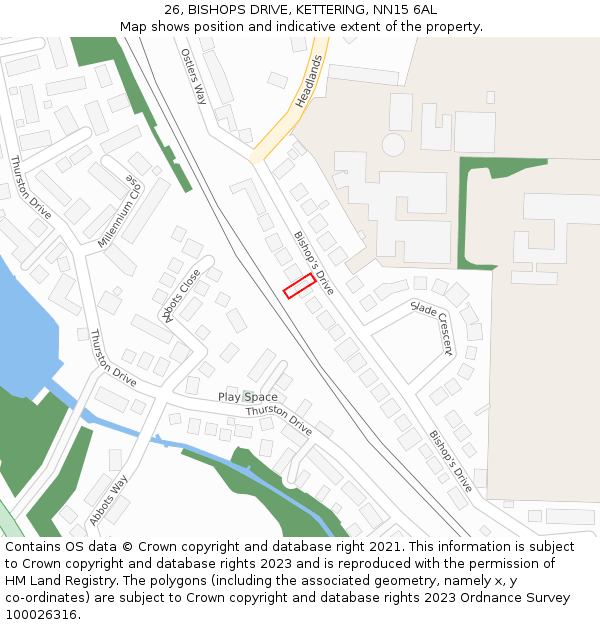 26, BISHOPS DRIVE, KETTERING, NN15 6AL: Location map and indicative extent of plot