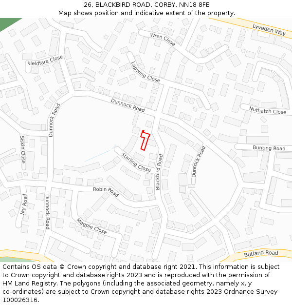 26, BLACKBIRD ROAD, CORBY, NN18 8FE: Location map and indicative extent of plot