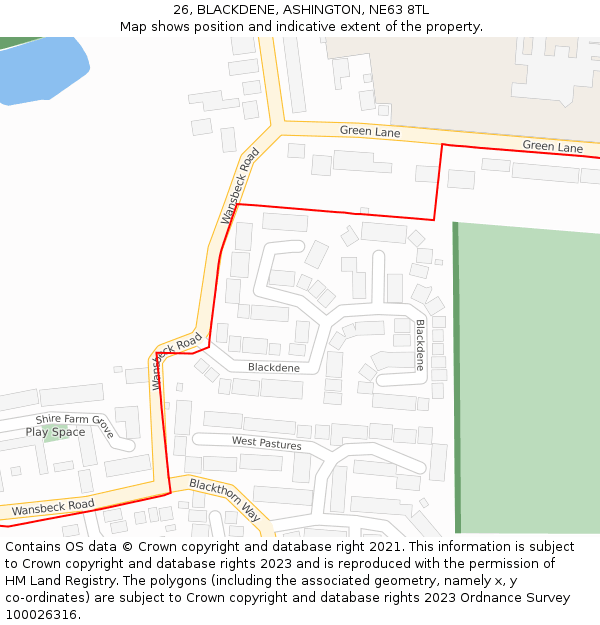 26, BLACKDENE, ASHINGTON, NE63 8TL: Location map and indicative extent of plot