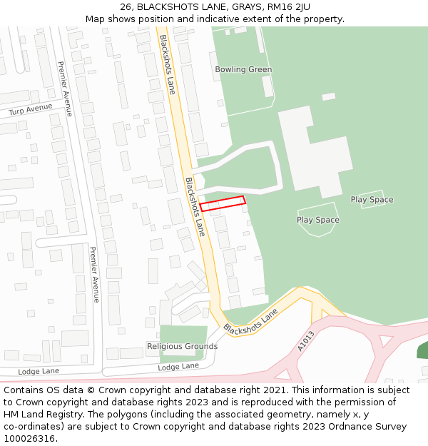 26, BLACKSHOTS LANE, GRAYS, RM16 2JU: Location map and indicative extent of plot