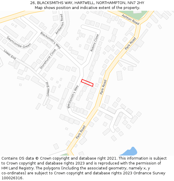26, BLACKSMITHS WAY, HARTWELL, NORTHAMPTON, NN7 2HY: Location map and indicative extent of plot